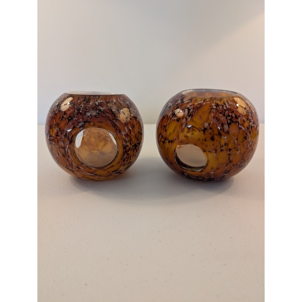 Tortoiseshell Spatter Art Glass Votive Candle Holder Round Orb Bud Vases Pair